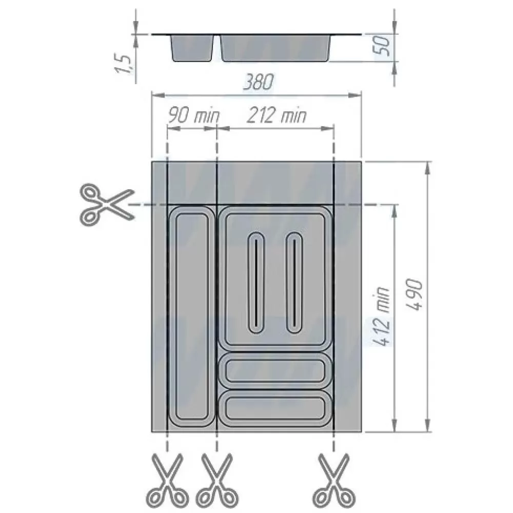 Лоток кухонный для столовых приборов для ящика c фасадом 400 мм, 490*380*50 мм, материал пластик, цвет серый базальт, арт. R140SC9720 стоимость 1 075 руб.