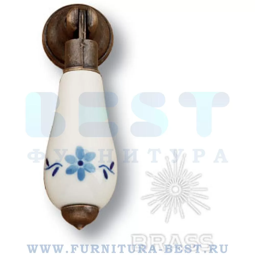 Ручка-капля, 76*30*24 мм, материал цамак, бронза + голубые цветы на белом фоне, арт. 331H3 стоимость 1 320 руб.