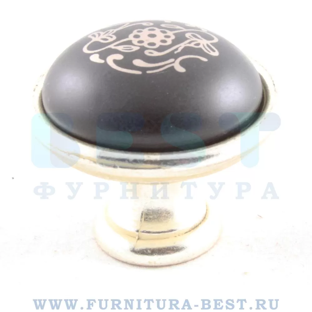 Ручка-кнопка, d=34*28 мм, материал цамак, цвет серебро + черная матовая керамика с декором, арт. 24316P035ES.47 стоимость 1 100 руб.