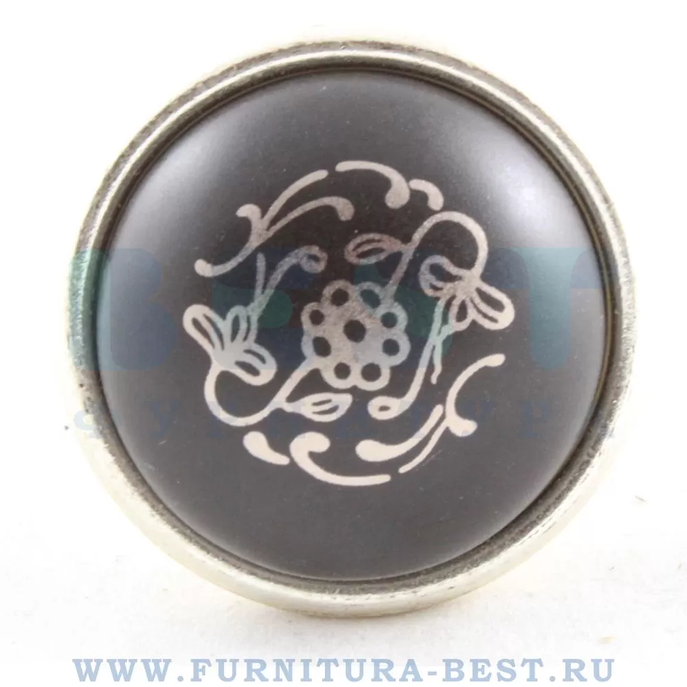 Ручка-кнопка, d=34*28 мм, материал цамак, цвет серебро + черная матовая керамика с декором, арт. 24316P035ES.47 стоимость 1 100 руб.