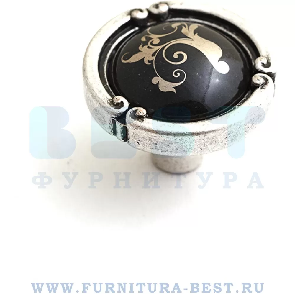Ручка-кнопка, d=35*26 мм, материал цамак, цвет античное серебро + чёрная керамика с рисуноком, арт. 15.090.35.PO26B.16 стоимость 1 330 руб.
