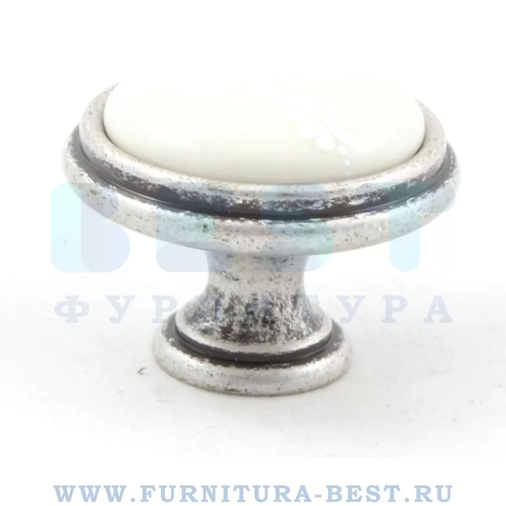 Ручка-кнопка, d=35*27 мм, материал металл, цвет старое серебро с блеском + керамика, арт. P77.Y01.G4.ME8G стоимость 595 руб.