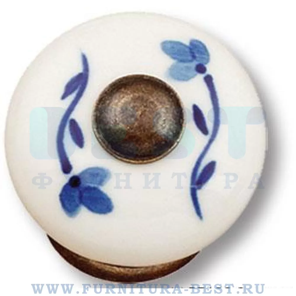 Ручка-кнопка, d=35*30 мм, материал керамика, бронза + голубые цветы на белом фоне, арт. 330H3 стоимость 1 040 руб.